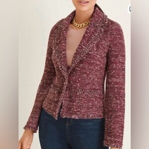 Chico's Marled Burgundy Cardigan Sweater Fringe Hem, Womens Size 3/ US Size 16